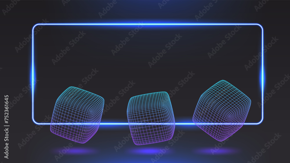 Futuristic dark background with blue neon frame and wireframe cubes ...