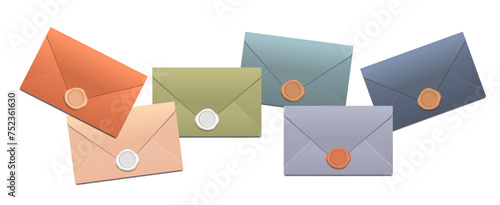 Set of multi colored envelopes in pastel shades with wax stamp on isolated background. Banner with realistic envelopes