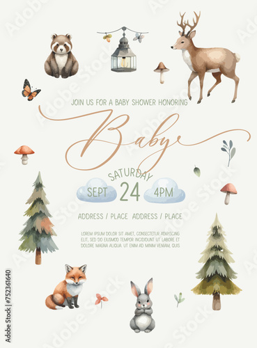 Cute baby shower watercolor invitation card with wild forest animals.