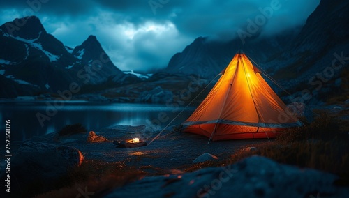 A solitary tent glowing with warmth contrasts the cooling twilight hues of a rugged mountain landscape