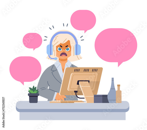 Angry female employee at work place. Young office woman stressed at work. Flat vector illustration on isolated background