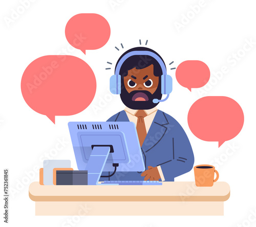 Angry African American male employee at work place. Office man stressed at work. Flat vector illustration on isolated background
