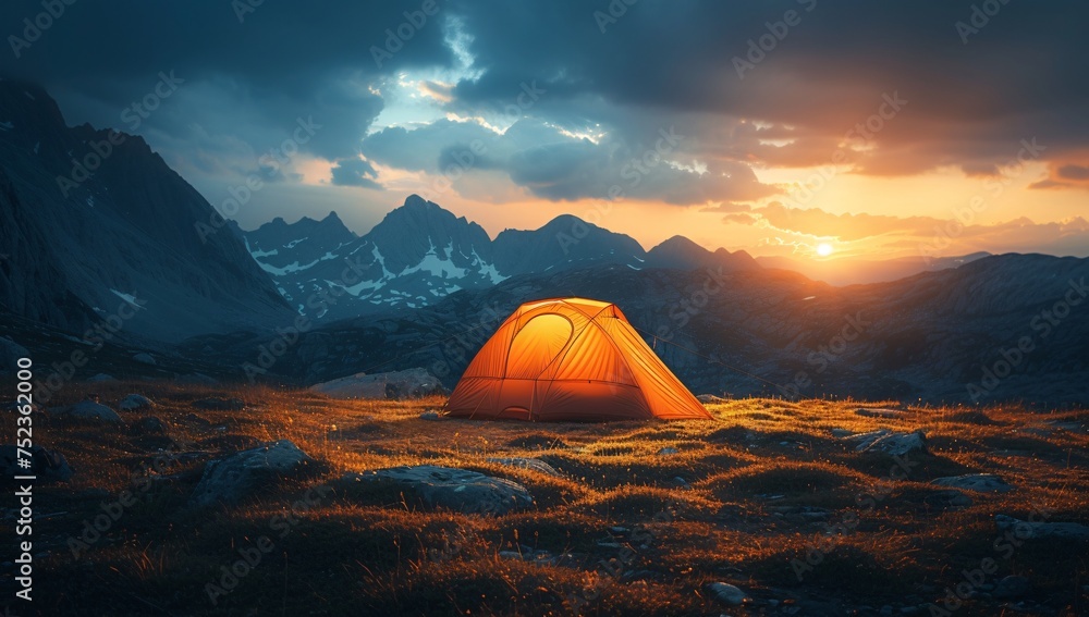 An inviting orange tent stands out against the rugged mountain landscape at sunset - obrazy, fototapety, plakaty 