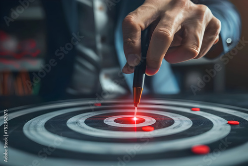 businessman is seen aiming red pen at circular target incenter symbolizing focus determination and the pursuit of success in corporate world, leadership, goal, business strategy, finance concept photo