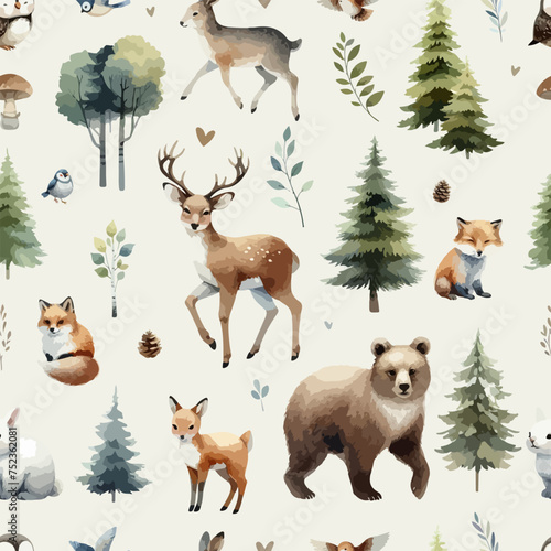 Watercolor seamless pattern with wild forest animals.