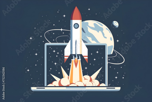 An illustration of a space launch design on a laptop in the style of mid century illustration featuring a rocket launching into space in flat style