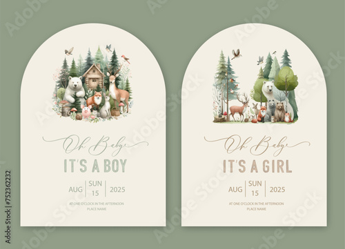 Cute baby shower watercolor arch invitation card with wild forest animals. Oh baby calligraphy.