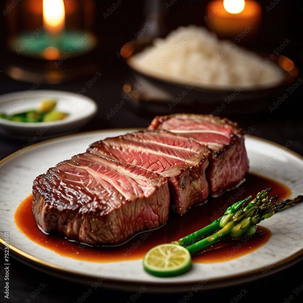 A succulent Wagyu steak cooked to perfection, with marbled fat melting into tender, juicy meat