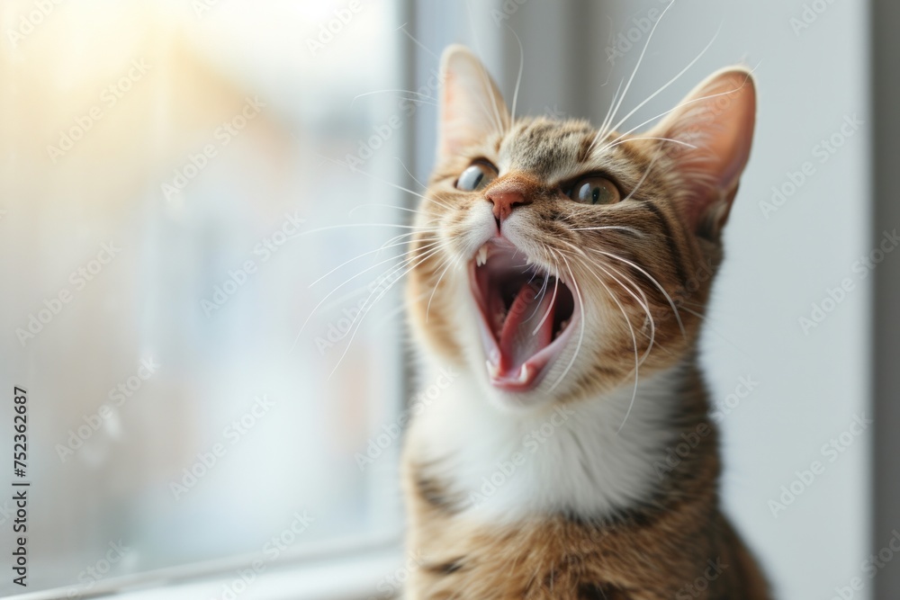 Happy funny excited cat with long ears and wide open mouth on bright background	
