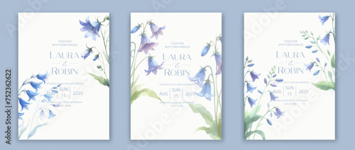 Wedding card template with wild flowers blue bells herbs and flowers.