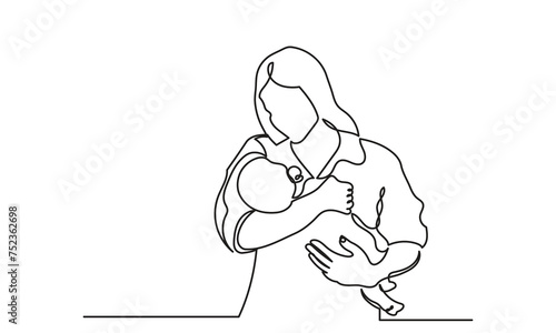Happy Mother’s Day continuous line drawing of Mom hugging her child. women holding her baby motherhood concept. vector illustration.
