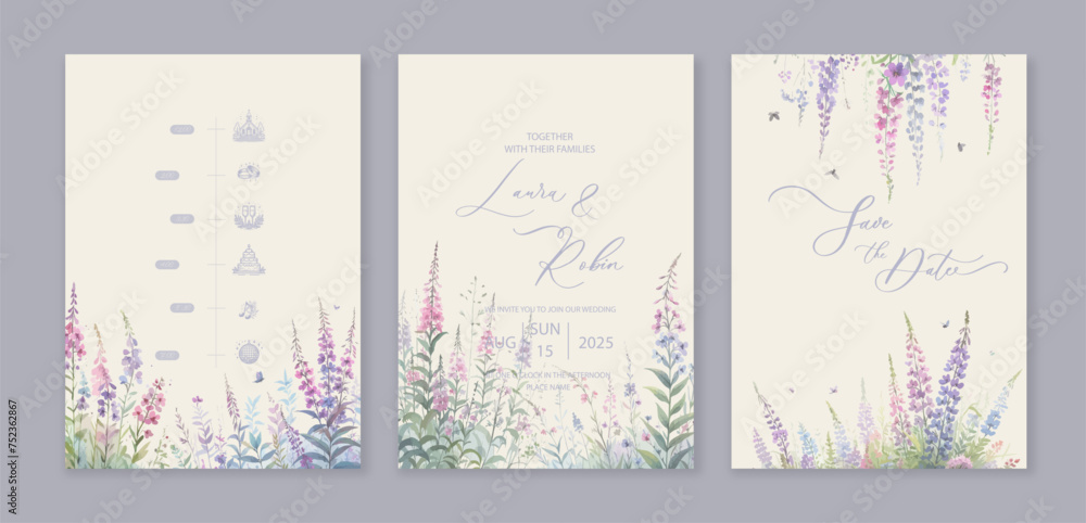 Luxury watercolor wedding invitation card background wild willow herb and flowers. Luxury watercolor wedding invitation card background wild willow herb and flowers.