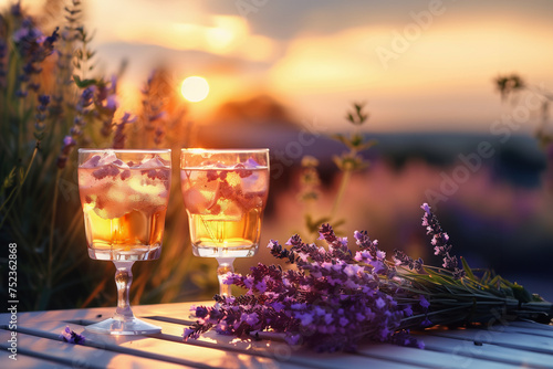 Two glasses of lemonade in a lavender garden, golden hour. Summer concept with copy space	
