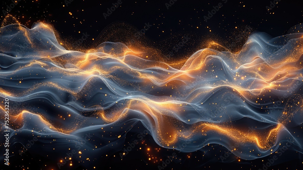 Golden Sparkles Flowing in Blue Abstract Wave Background Golden Sparkles Flowing in Blue Abstract Wave Background