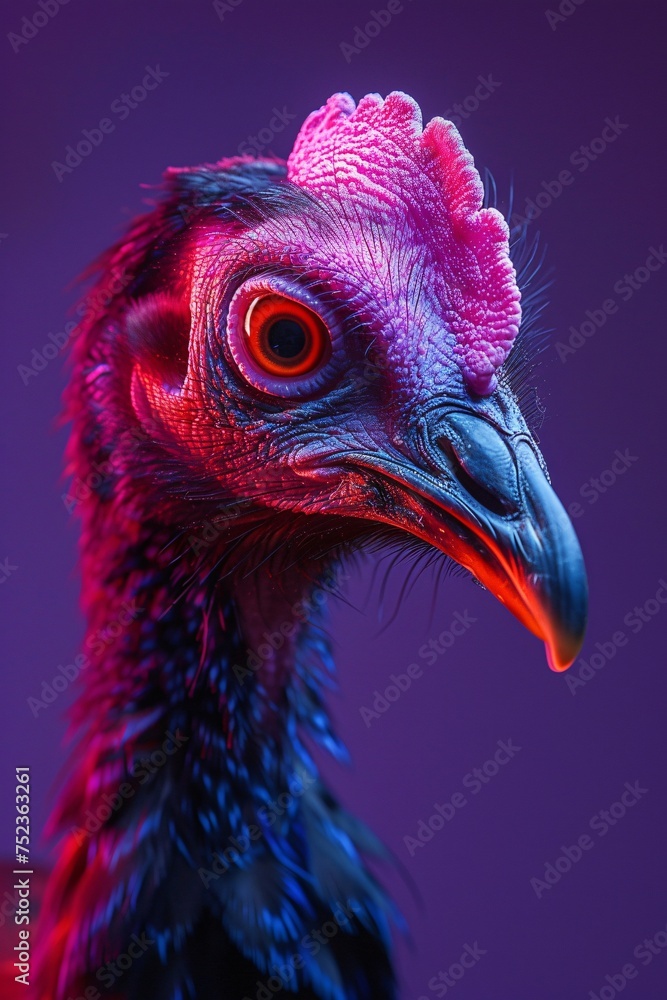 An image showing a hen with deep colors and a sharp, intense look reflecting a wild, untamed essence