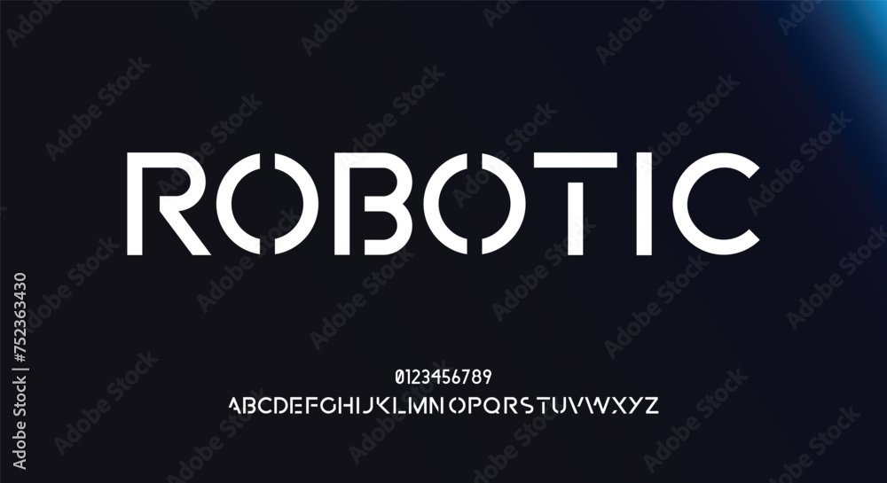 Geometric futuristic alphabet, robotic stencil letters, abstract font for minimalistic clean logo, unusual innovative headline, minimal simple typographic design. Vector typeset
