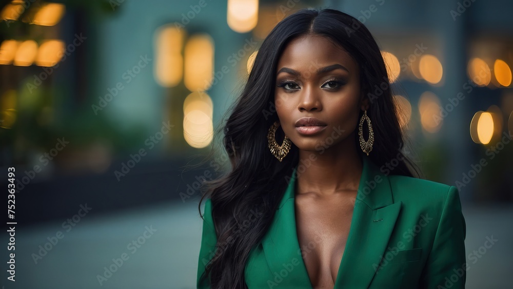 Obraz premium Beautiful black model in green suit, straight long hair