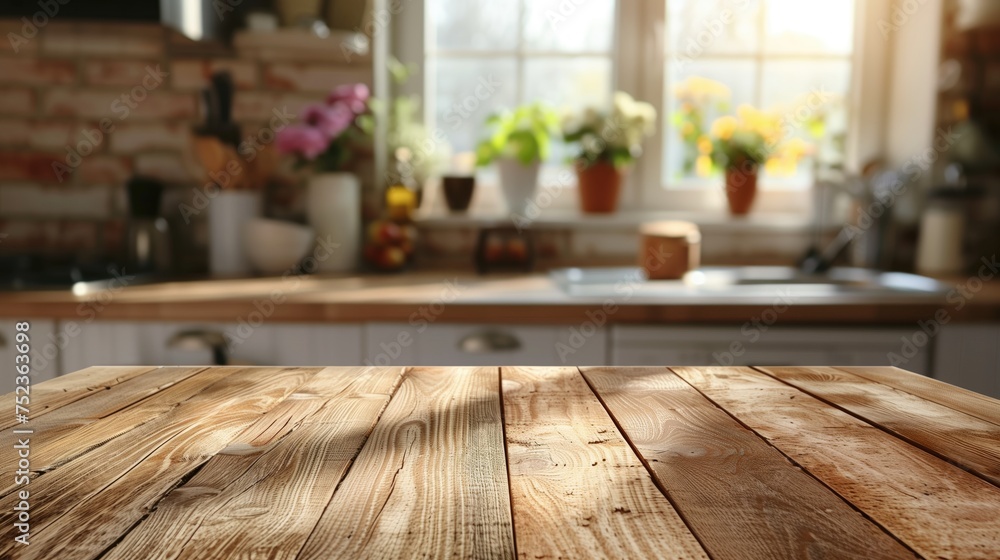 Empty wooden table for product display on a blurred kitchen background Empty wooden table for product display on a blurred kitchen background