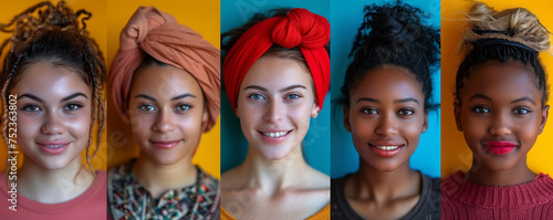 a diverse collage showcases a happy women people from various ethnic on colorful backgrounds