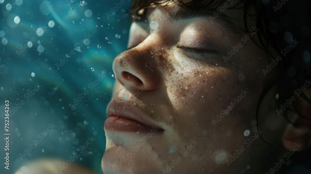 An intense close-up of a person submerged underwater, capturing the distorted view through the shimmering surface and the individuals expression