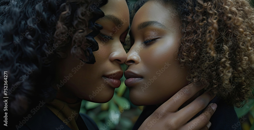 Fototapeta premium Two women with curly hair share a gentle embrace, their foreheads touching, eyes closed, conveying a bond of trust and affection