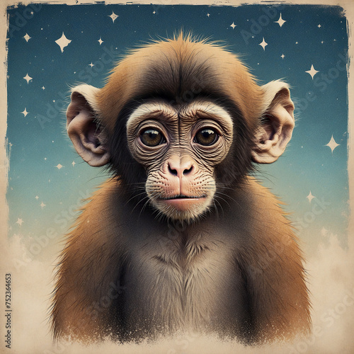 Cute monkey poster illustration, 80s vibe, minimalism. Generative ai