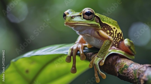 Tree frog on branch Gliding frog, Rhacophorus reinwardtii