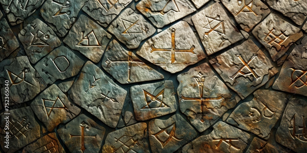 Background Texture Pattern in the Style of Ancient Runestone Marble - Marble textures engraved with symbols and runes, invoking ancient mysticism created with Generative AI Technology - obrazy, fototapety, plakaty 