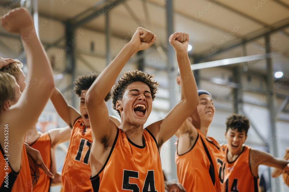 Teenagers in Basketball Team Having Fun After Winning The Match. Boys in Basketball Team Jumping in Joy