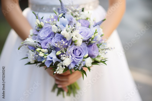 A shot capturing the bride's bouquet alongside her elegant periwinkle gown wedding, simple composition сreated with Generative Ai
