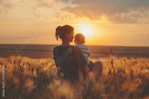 a woman holding a baby in a field of wheat photo