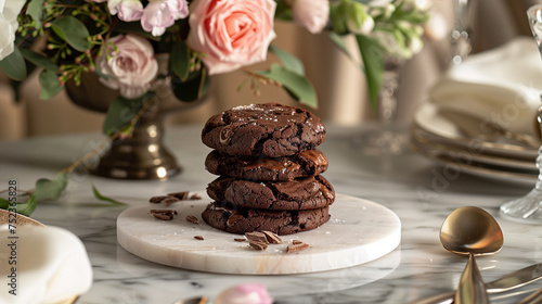 A decadent double chocolate cookie, placed on a marble serving platter in an elegant setting