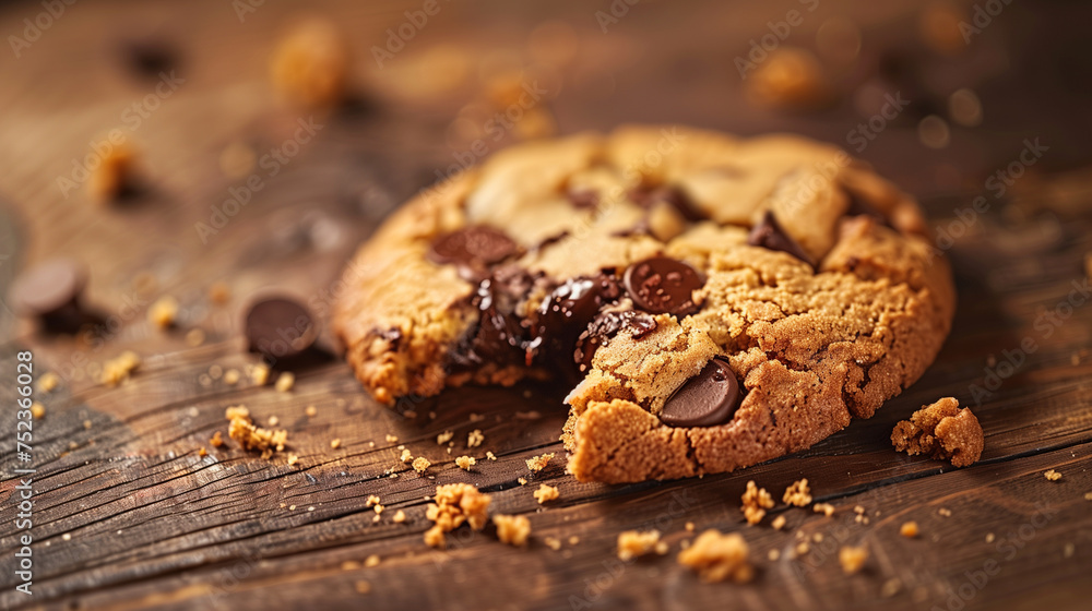 Fototapeta premium A mouthwatering chocolate chip cookie, surrounded by crumbs on a rustic wooden table