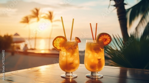 Exotic Summer Cocktails: Sunset Delights on Tropical Beach Resort, Canon EF 50mm Capture
