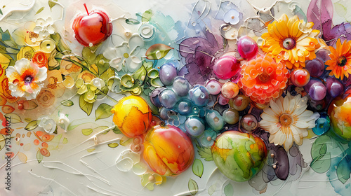 Fruits Watercolor abstract background, 3D fruits decorative painted artificial surface, Kitchen decorative photo, Generative AI.