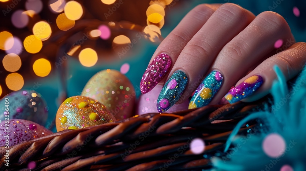 Vibrant Easter Nail Art with Sparkling Egg Designs