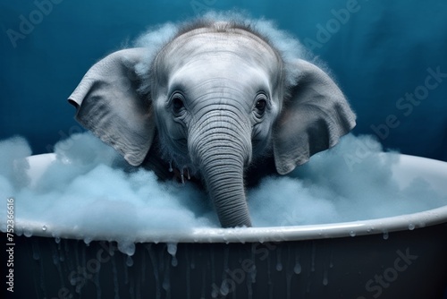 Swimming Elephant Underwater. The happy Elephant washes in the bathroom with foam. Cartoon baby elephant bathing in the bathtub.  Generative AI.