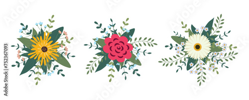 Set of flowers arrangement isolated on background. Flat illustration. Perfect for cards, invitations, decorations, logo, various designs