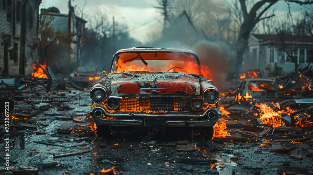 a vintage car burning in the middle of a big street of a destroyed city,generative ai