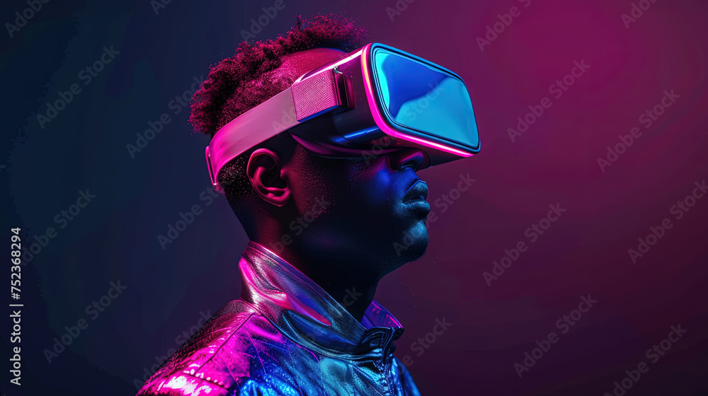 African American man standing wearing a shiny jacket and a pair of virtual glasses, looking futuristic and stylish African American man standing wearing a shiny jacket and a pair of virtual glasses, looking futuristic and stylish