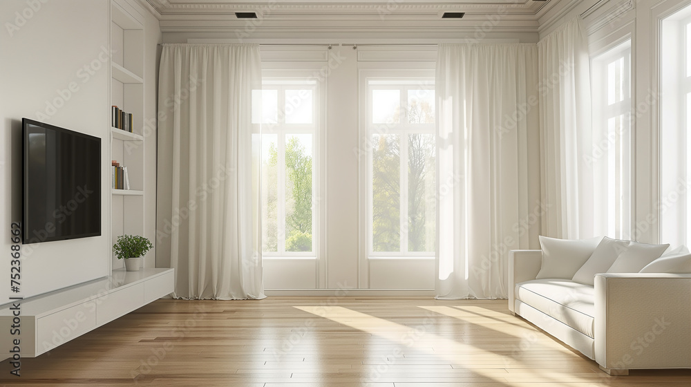 Fototapeta premium Living room with sofa and television and big window, home living with space, living room decoration,