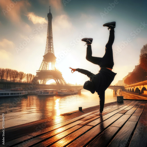 Through the rainbow rays of the setting sun, the guy effortlessly transforms into a movement artist, breaking dancing in front of the breathtaking Eiffel Tower backdrop