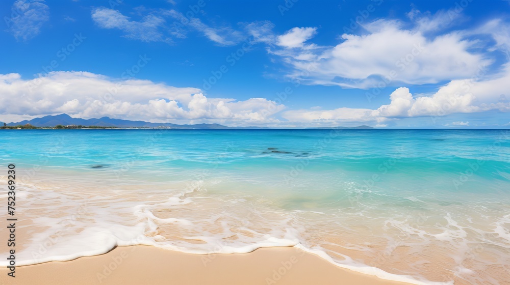 Soothing Seascape: Canon RF 50mm Capture of Tranquil Sandy Beach and Gentle Blue Ocean Wave