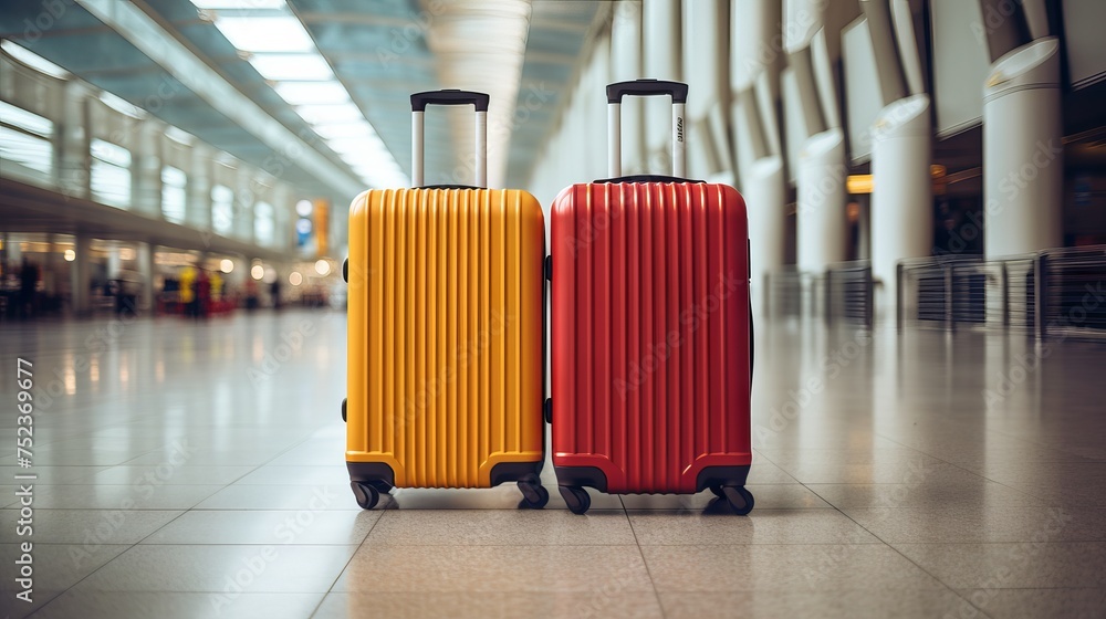 Traveler's Essentials: Two Suitcases Await in Empty Airport Terminal - Vacation Concept, Canon RF 50mm Capture