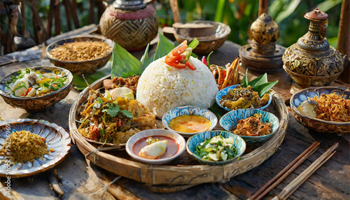 Enticing Image of Nasi Campur Bali - Popular Balinese Meal Highlighting Traditional Rice Dish with Variety of Flavors, Colors, and Optional Extras - Optimized for Cultural Richness and Culinary Divers © syahed