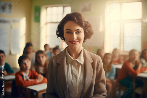 Smiling teacher standing in front of her students in classroom at school