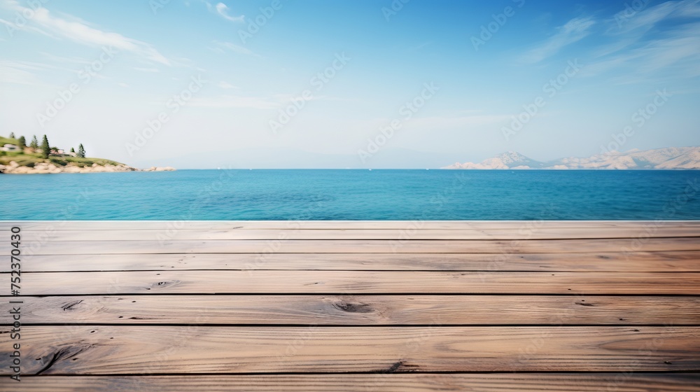 Tranquil Coastal Scene: Wooden Table Set against Sea, Island, and Blue Sky - Canon RF 50mm f/1.2L USM Capture