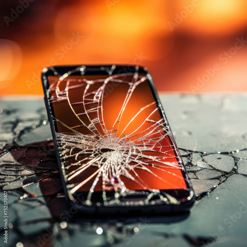 Mobile phone, smartphone, cell phone with a broken glass touch screen display. Concept of insurance, accident, crash