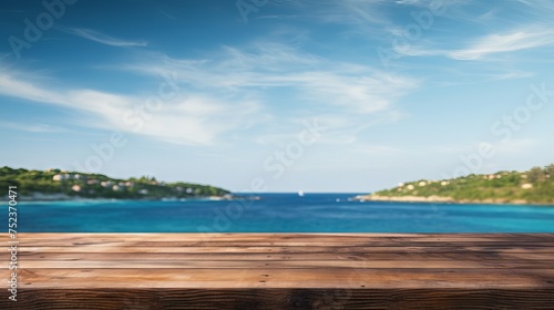 Tranquil Coastal Scene: Wooden Table Set against Sea, Island, and Blue Sky - Canon RF 50mm f/1.2L USM Capture