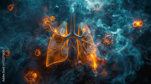 Smoke particles attacking lung cells. Depicts the threat to lung health. Lung cancer and lung disease, must find a way to protect our lungs © saichon